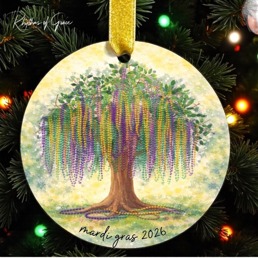 Watercolor Mardi Gras Bead Tree Christmas Ornament | Louisiana Carnival Decor